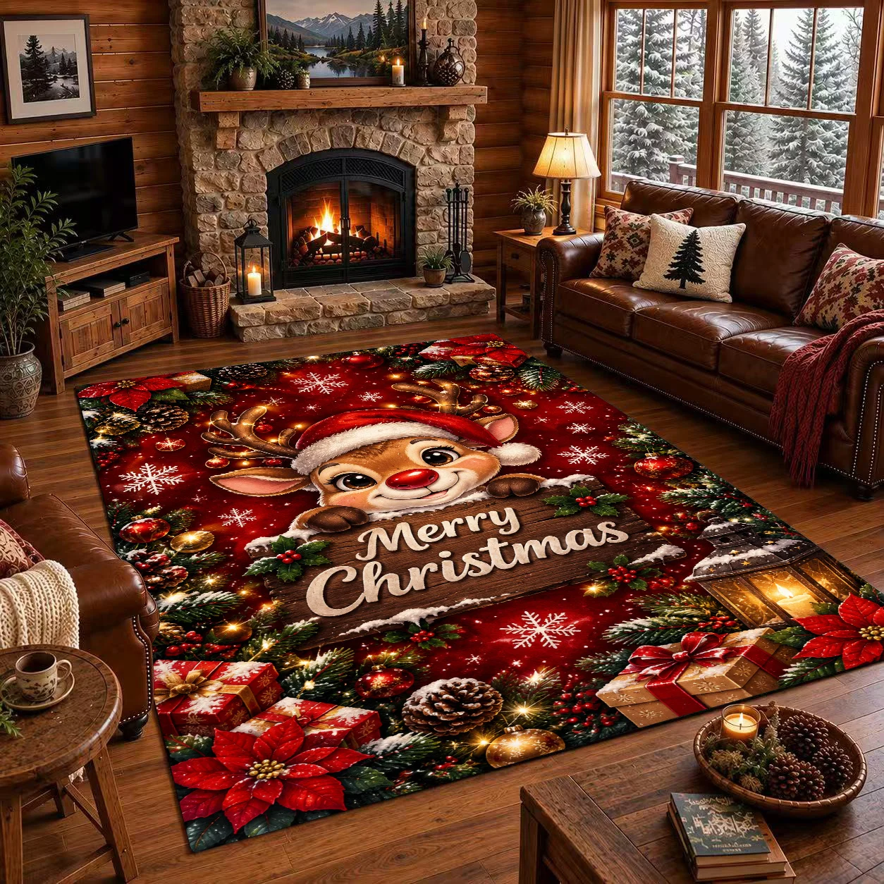 2D Flat Christmas Reindeer Area Rug, Red Background Snowflake Pinecone Gift Poinsettia Print,Floor Decor for Living Room Bedroom