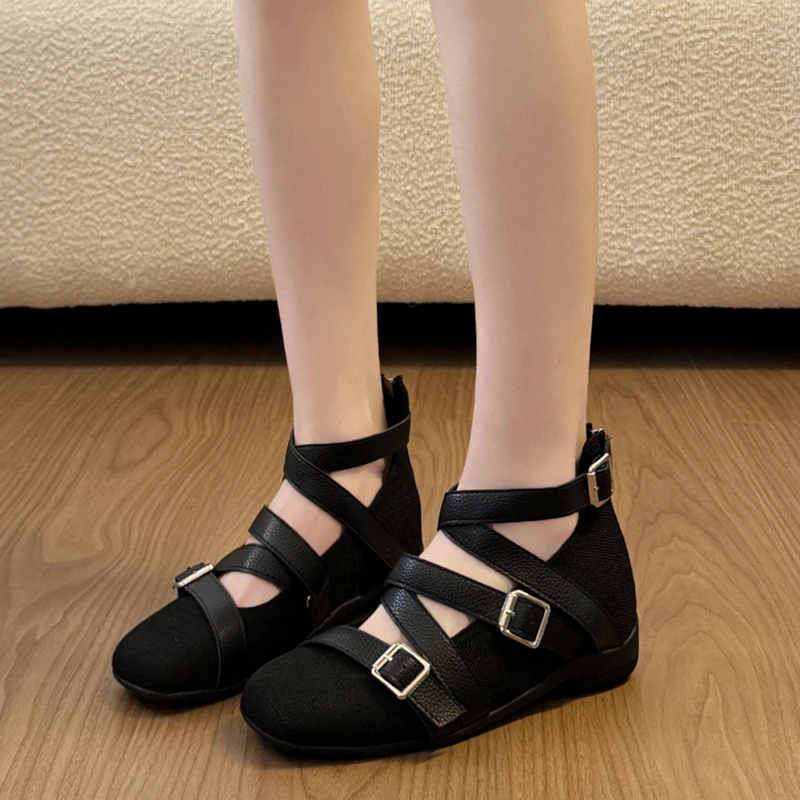 Damen Römische Gladiator-Sandalen mit Mehrfach-Schnallen, Verstecktem Keilabsatz, Flacher Sohle, Runder Zehenkappe, Reißverschluss Hinten, Lässige Sommer-Leinen-Pumps