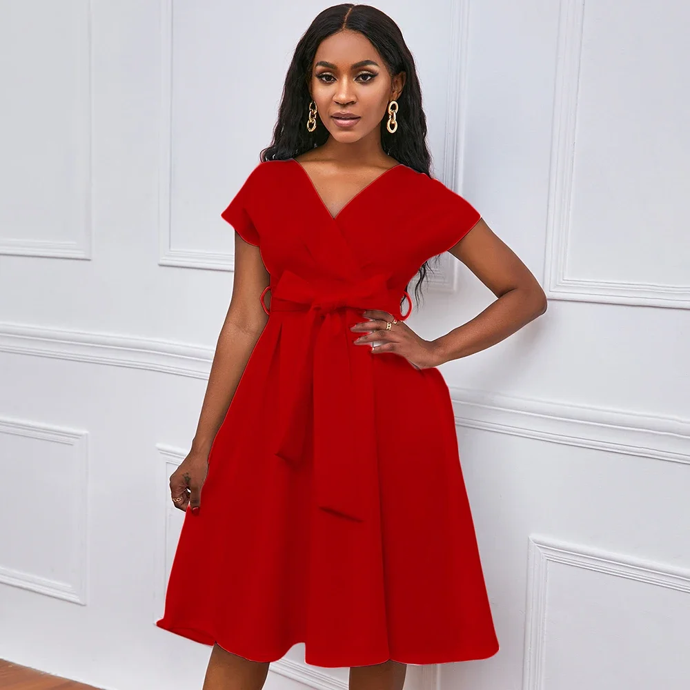 

Pop Women's Bow Tie Dress V-neckline Elegant Bow Casual Flowy Loose Dress A-line Summer Women's Dresses