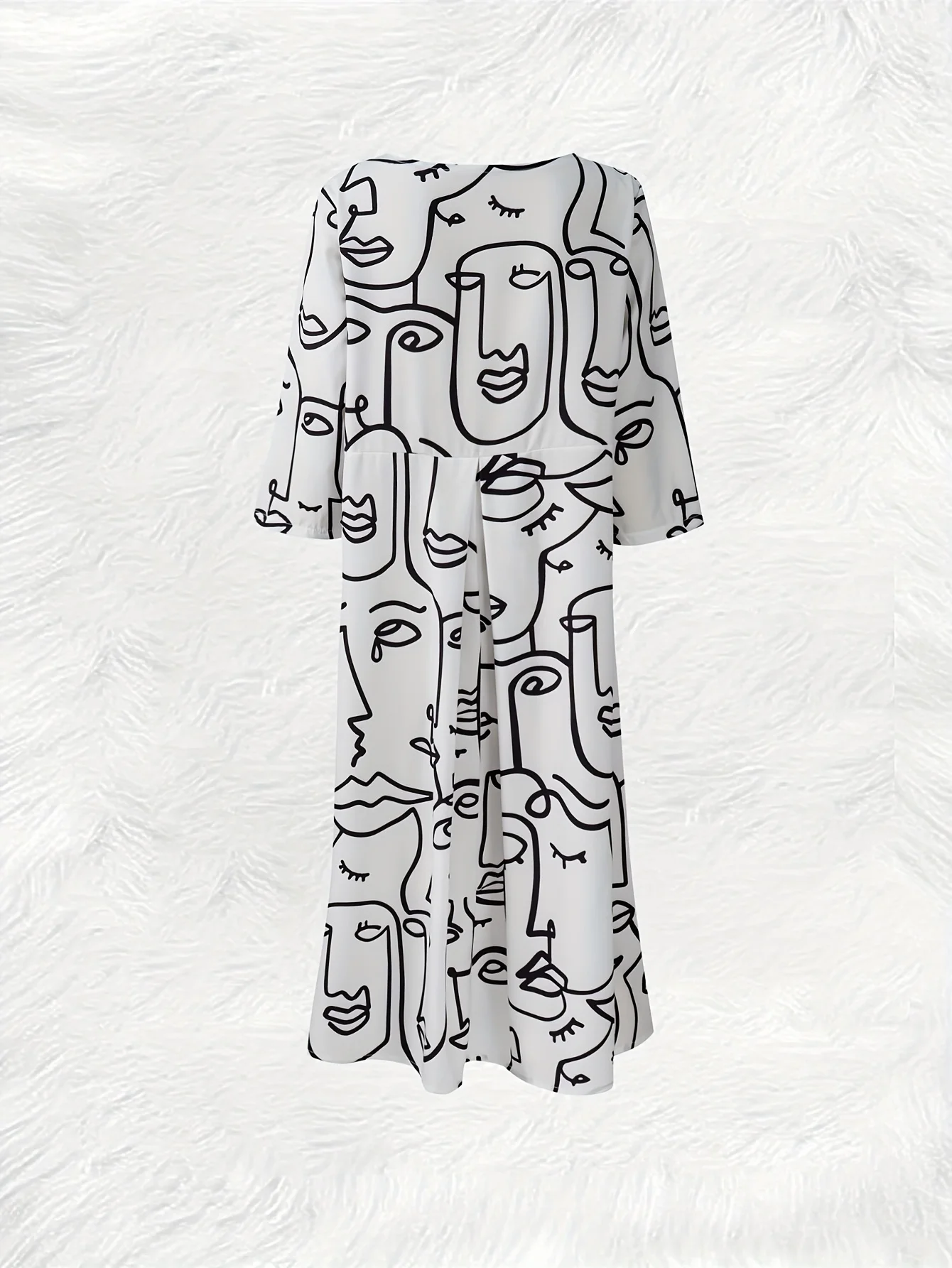 Printed Design Casual Style Abstract Line Art Face Pattern Round Neck Long Sleeve Dress