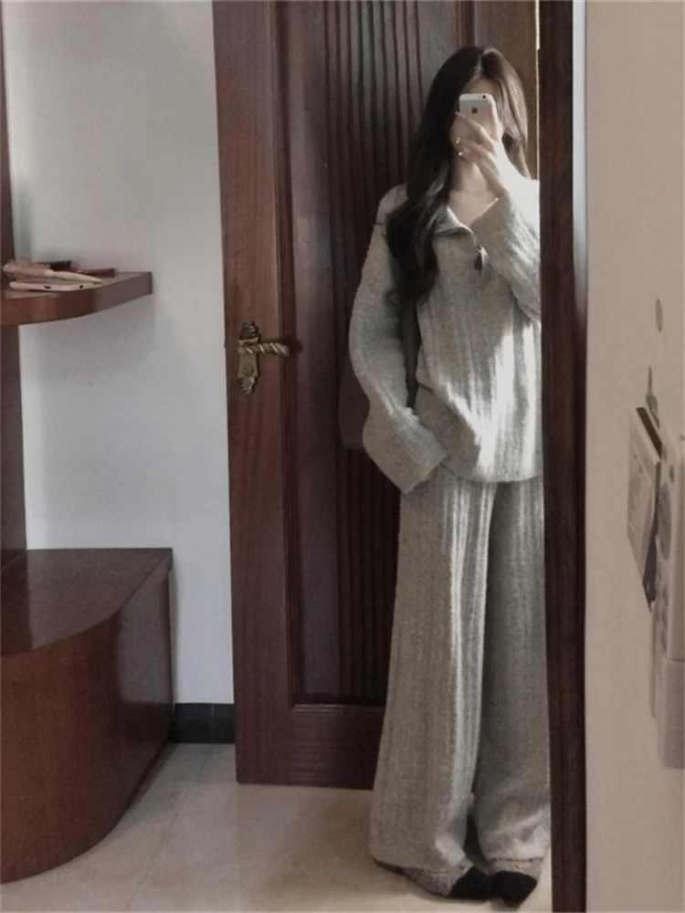 

Anti-Aging Korean Style Women's Loose Wide Leg Pants Set Casual Long Sleeve Zipper Closure Autumn Collection Fashionable Outfit