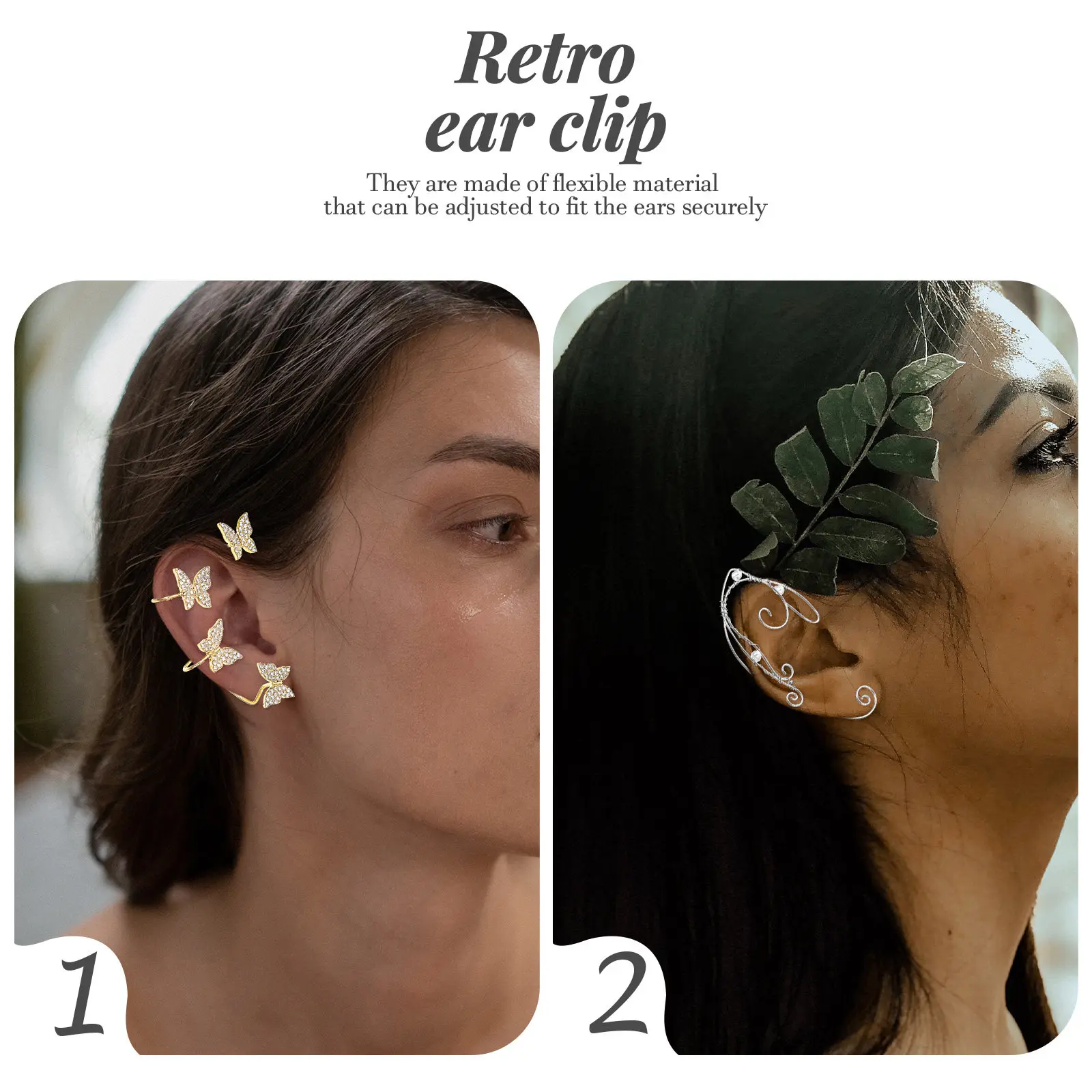 2Pairs Elf Ear Cuffs Butterfly Clip on Earrings No Piercing Comfortable Metal Ear Jewelry for Women Teens Christmas New Year