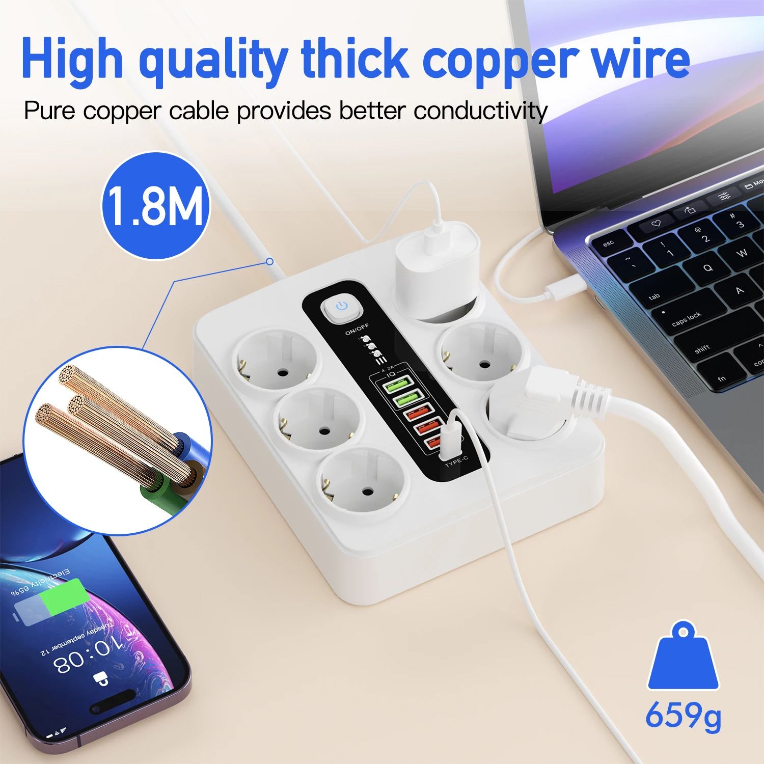 Extension Socket With Safety Switch Power Strip For Office Home EU Plug 3000W 2M Cable Overload Protection USB Type C Ports