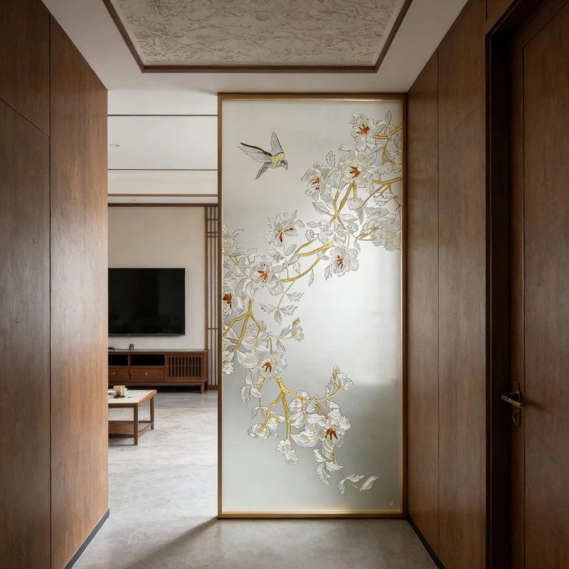 enamel color flower and bird screen upper and lower porch partition light luxury elegant home improvement art glass
