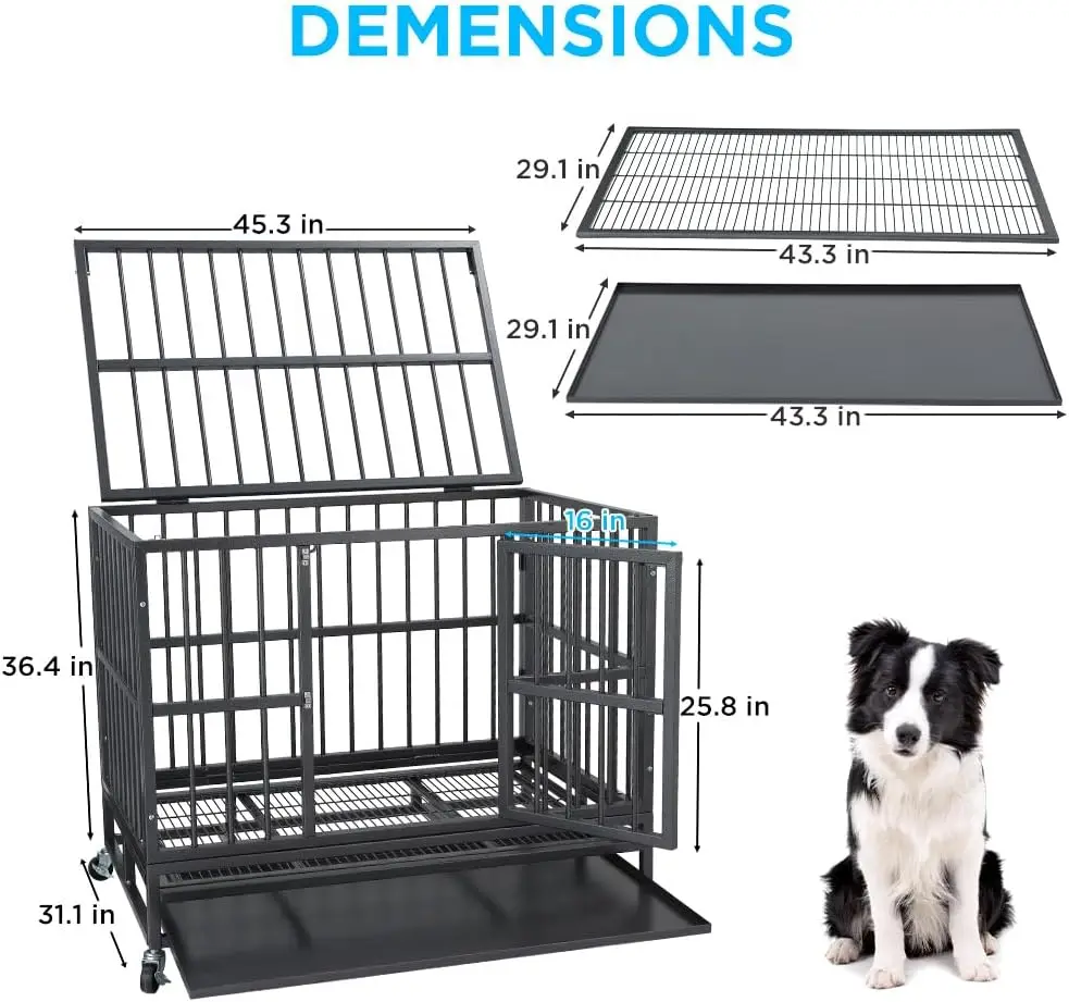 45 Inch Heavy Duty Indestructible Dog Crate Steel Escape Proof,Indoor Dog House High Anxiety Cage,Kennel With Wheels,Removable