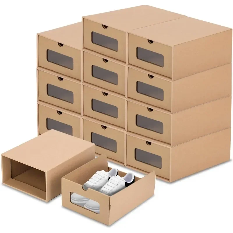 

12 Pack Shoe Box Cardboard Shoe Storage Boxes with Transparent Window Waterproof Stackable Storage Boxes