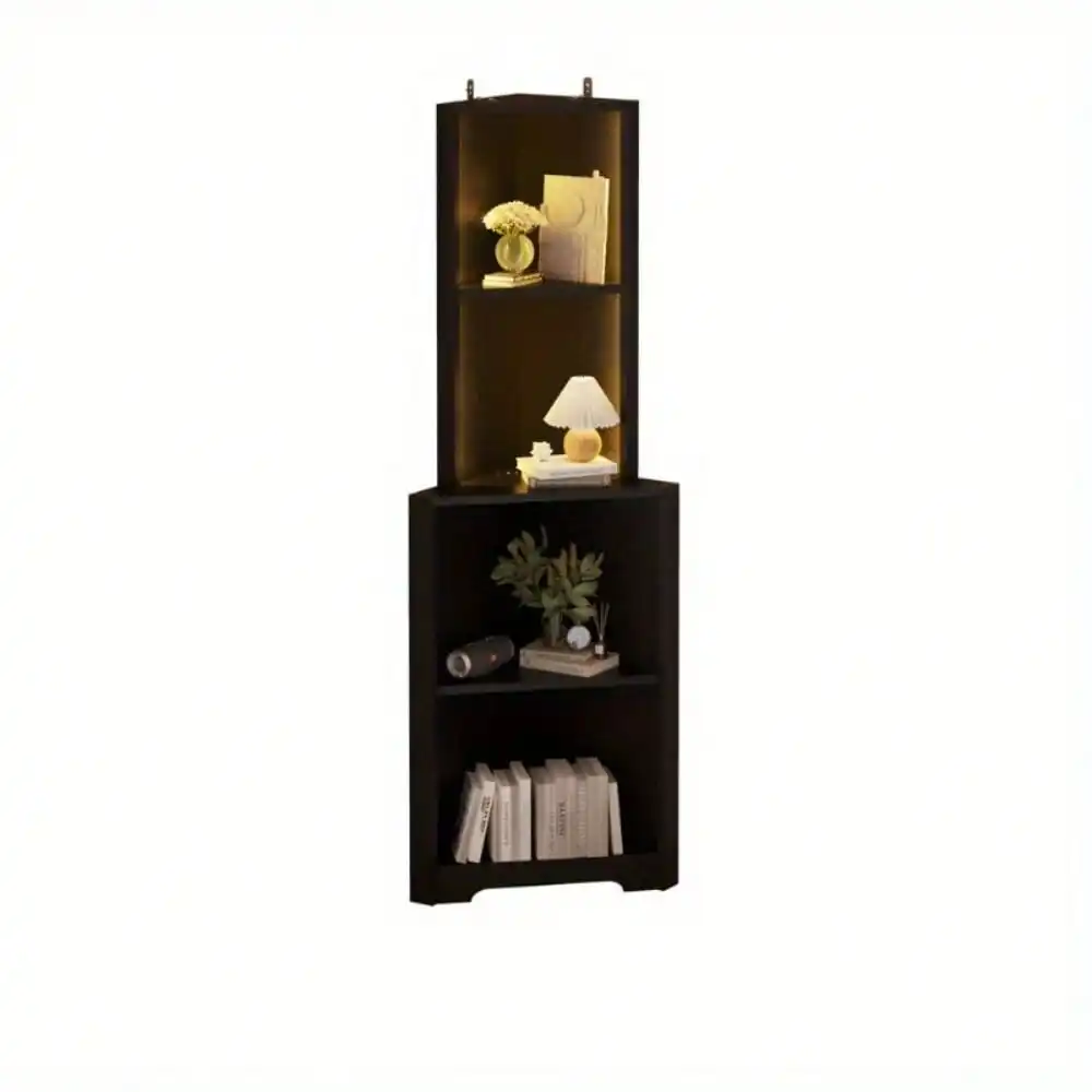 4 Tier Corner Bar Open Bookshelf Bookcase with LED Light Modern Power Outlet