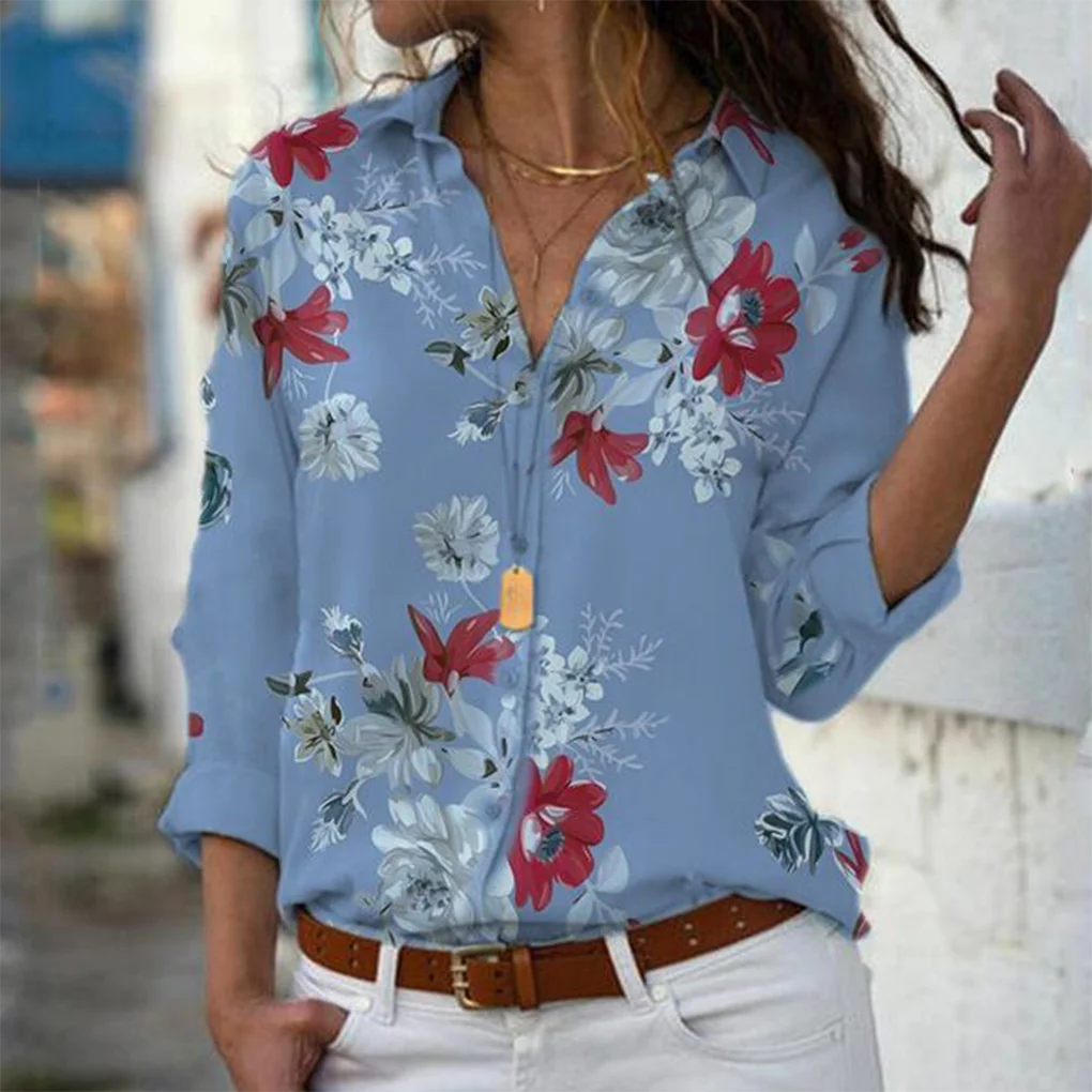 Women Lapel Long Sleeve Blouse Girls Floral Pattern Loose Style Tops Shirt
