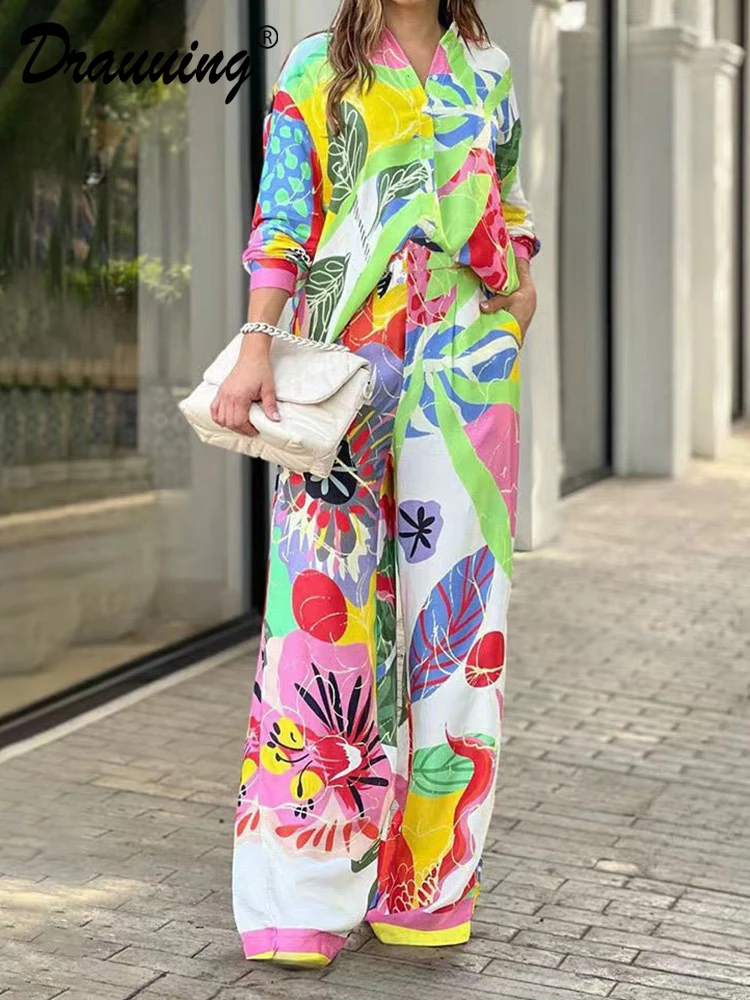 D​rauuing  2 Pieces Sets Casual Blouse Shirts And Wide Leg Pant Outfits Women Print  2 Pant Sets For Women Casual Fashion