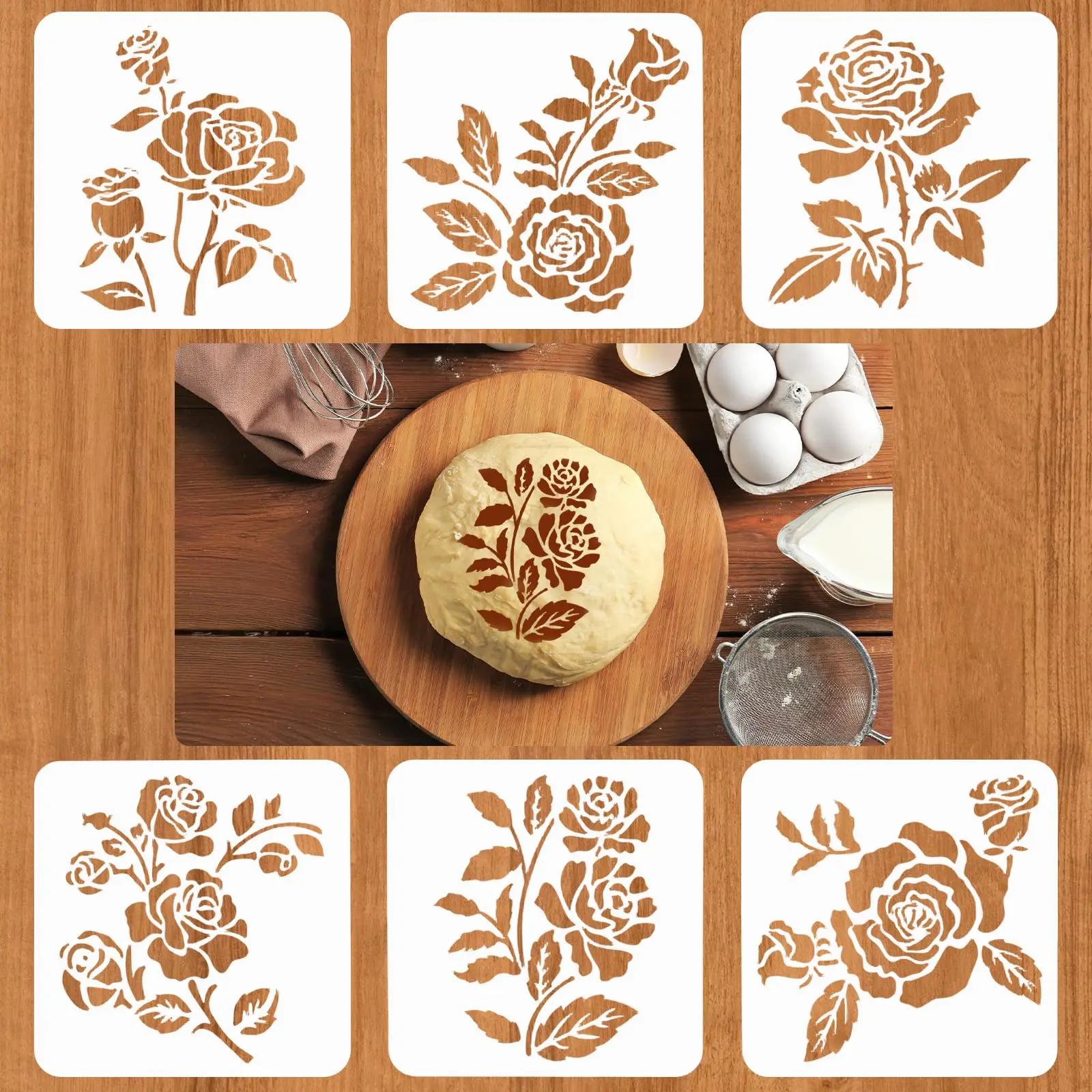 6PCS Rose Flower Bread Stencils Reusable Sourdough Baking Templates for Flour Dusting Cake Coffee DIY Decoration