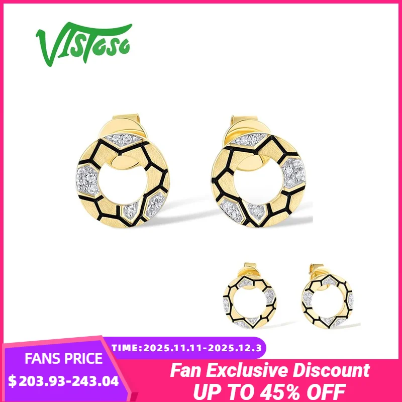 

VISTOSO настоящие серьги-гвоздики из желтого золота 14 карат 585, серьги-гвоздики для женщин, сверкающие бриллианты, шестигранный узор, черная эмаль, геометрические ювелирные изделия