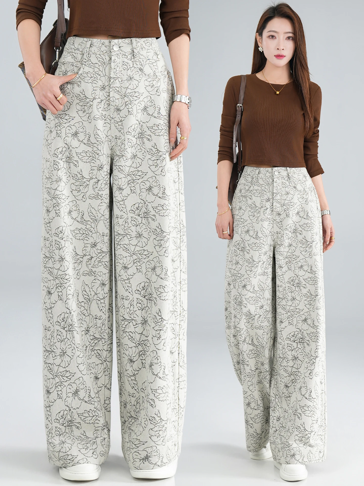 

Floral Embroidery Wide Leg Jeans Women's Casual High Waist Slim Straight Knife Pants Spring Autumn New Style