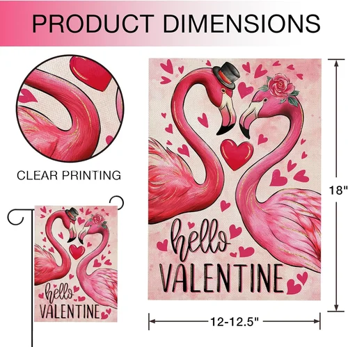 Hello Valentine'S Day Flamingo Garden Flag Double Sided, Pink Red Love Heart Ros RRM IIX SSL