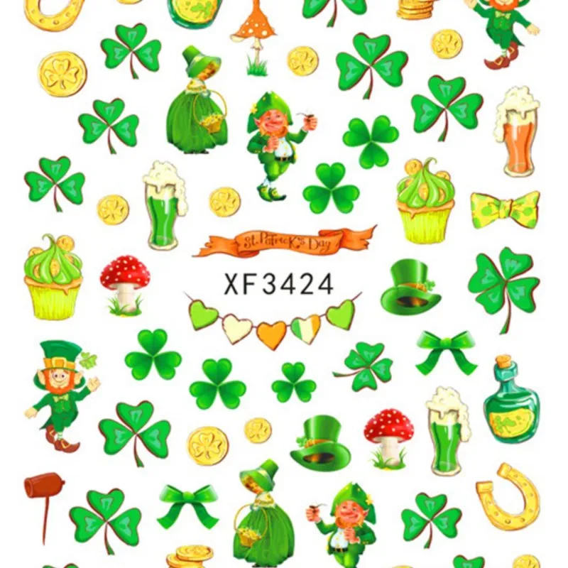 10 Sheets Green Irish Trefoil 3 Leaf Lucky Flowers St. Patrick's Day Adhesive Nail Art Stickers Decals Manicure Charms Suppliers