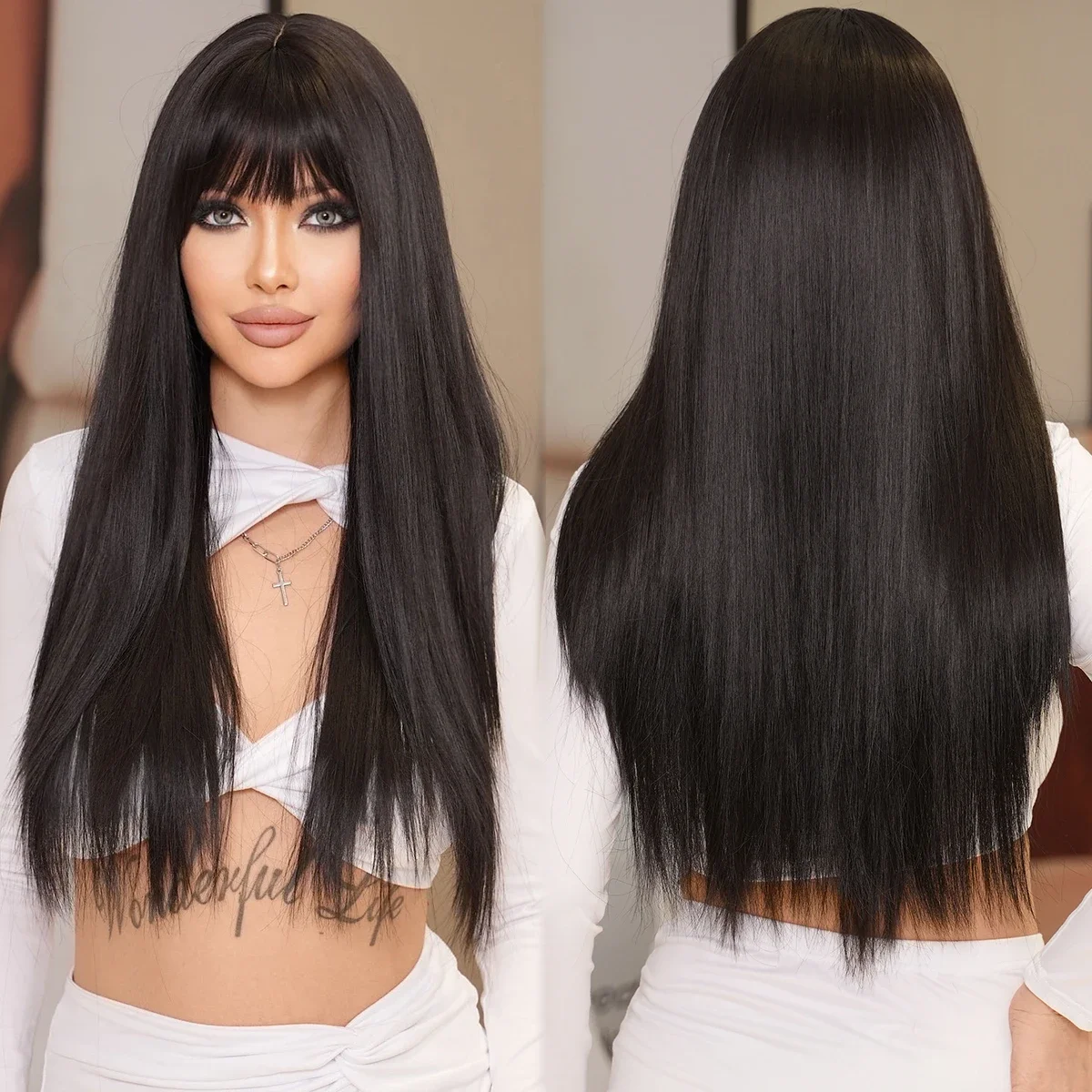 

Routine Wig Synthetic Long Straight Black Wigs with Neat Bangs Natural Looking Layered Black Hair Wig for Women Daily Soft Fiber