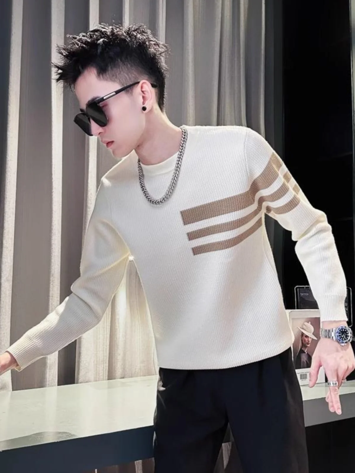 

Мужской трикотаж в универсальную полоску, облегающий базовый слой, осень-зима, модный бренд, молодежный, длинный све, круглый, Ne