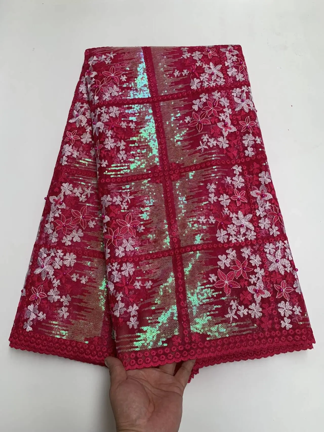 

2026 High-Quality African Nigerian Tulle Lace Fabric Sequins Embroidery French Guipure Wedding/Prom Party Dresses Beaded 5 Yards