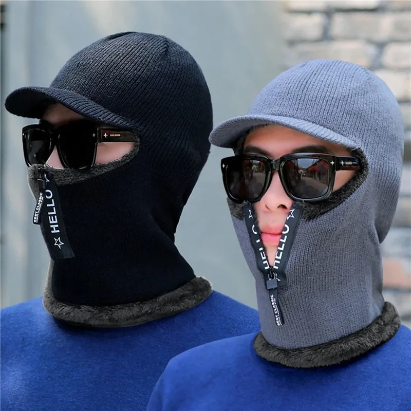 Men's Winter Balaclava Lined Knitted Hat With Zipper Thicken Warm Visor Beanies Hats For Men Face Ear Mask Neckwarmer Cap