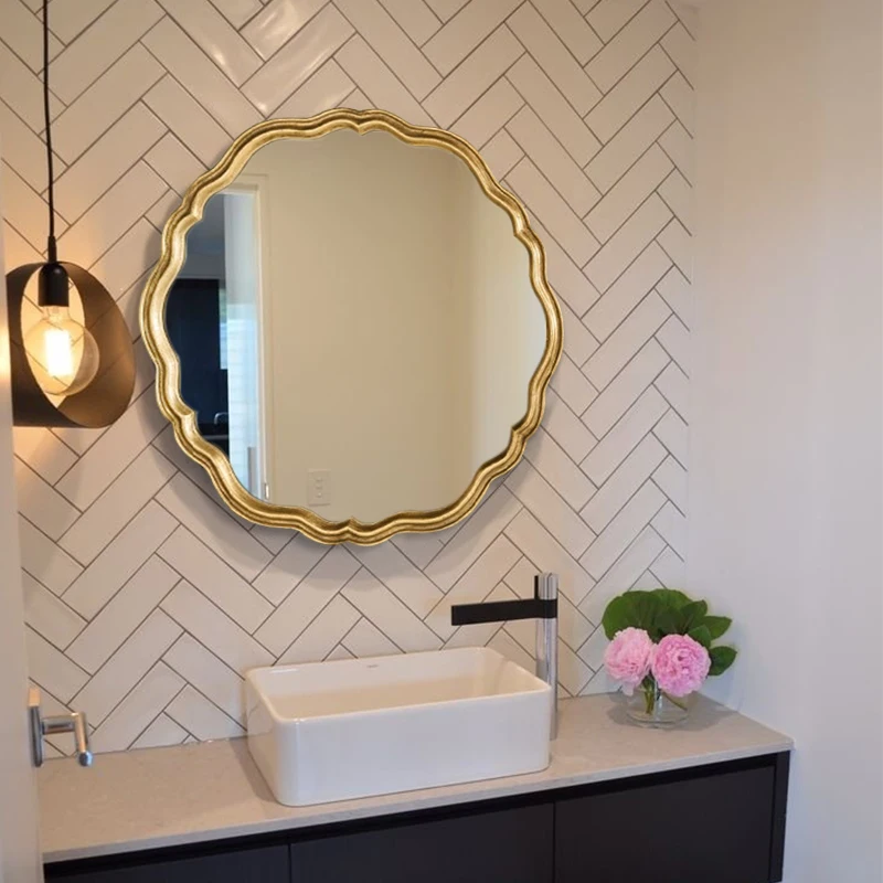 French retro bathroom mirror round makeup mirror glass  wall-mounted vanity  with lamp defogging