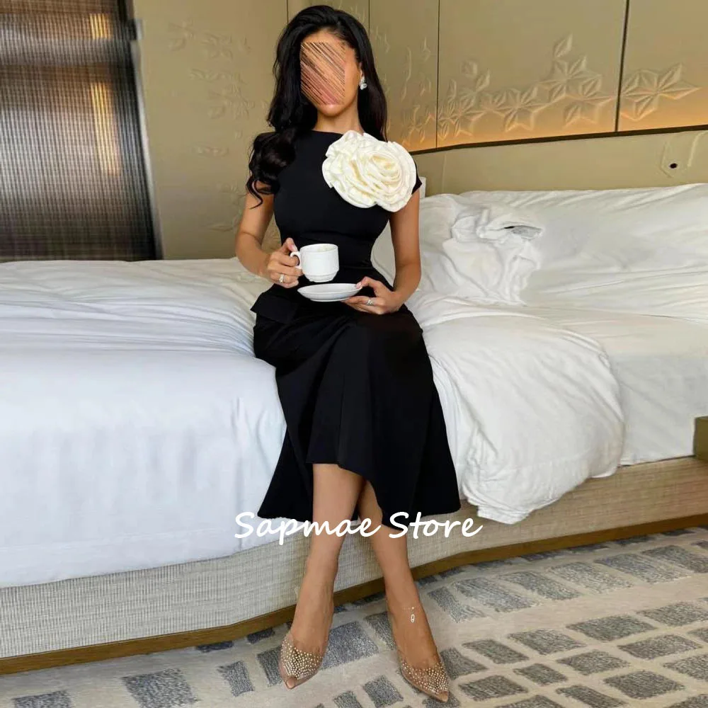 

Sapmae Customized Black Short Sleeve Formal Evening Dresses O-Neck Ankle-Length Prom Dress with Flower Mermaid Party Dress