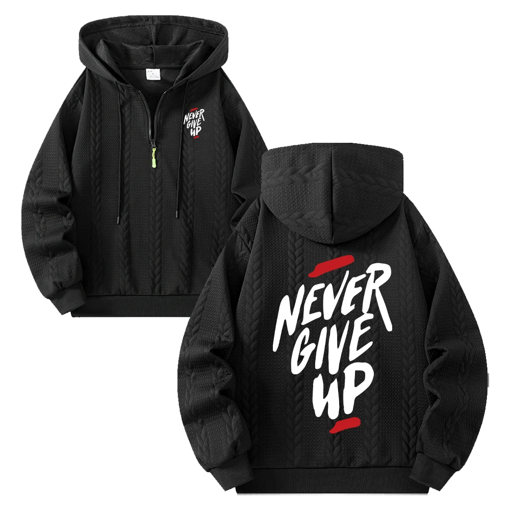 Men's Inspirational Slogan Printed Cable Jacquard Half Zip Hoodie Loose Casual Pullover Autumn Everyday Fitness Commute Top