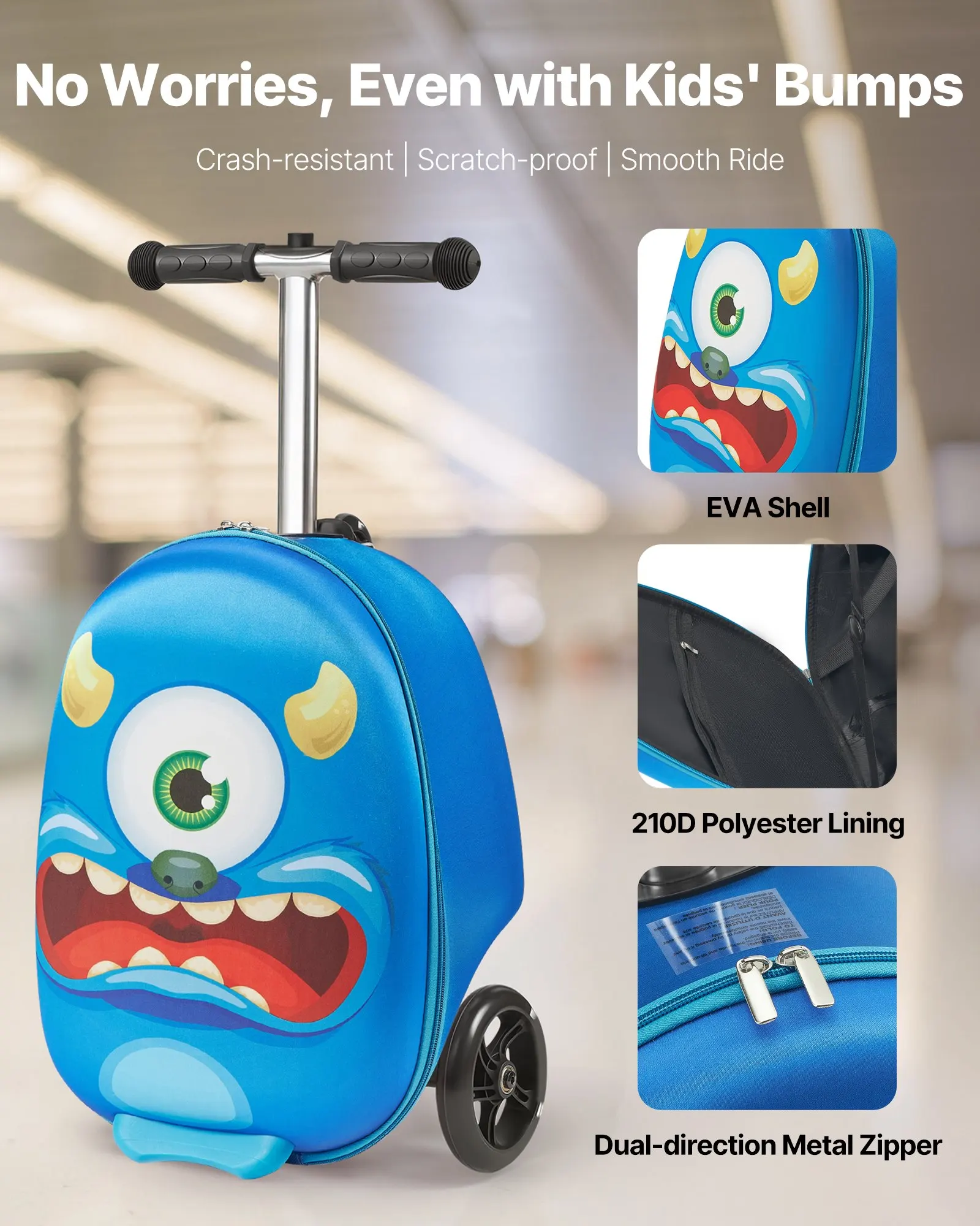 Kids Ride-On Scooter Luggage 20 Inch Carry On Trolley Suitcase, Cartoon One-Eyed Monster Hard Shell Case with Flash LED Wheels, Foldable Skateboard Suitcase for Toddler Boys Travel Gift