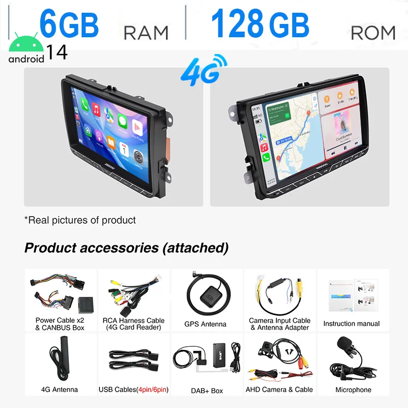 ESSGOO 9 "Android14 6 + 128G Autoradio Radio Draadloze Carplay Voor VW Golf 5 6 Passat Polo Touran Tiguan Jetta Caddy EOS 4G LET WIF