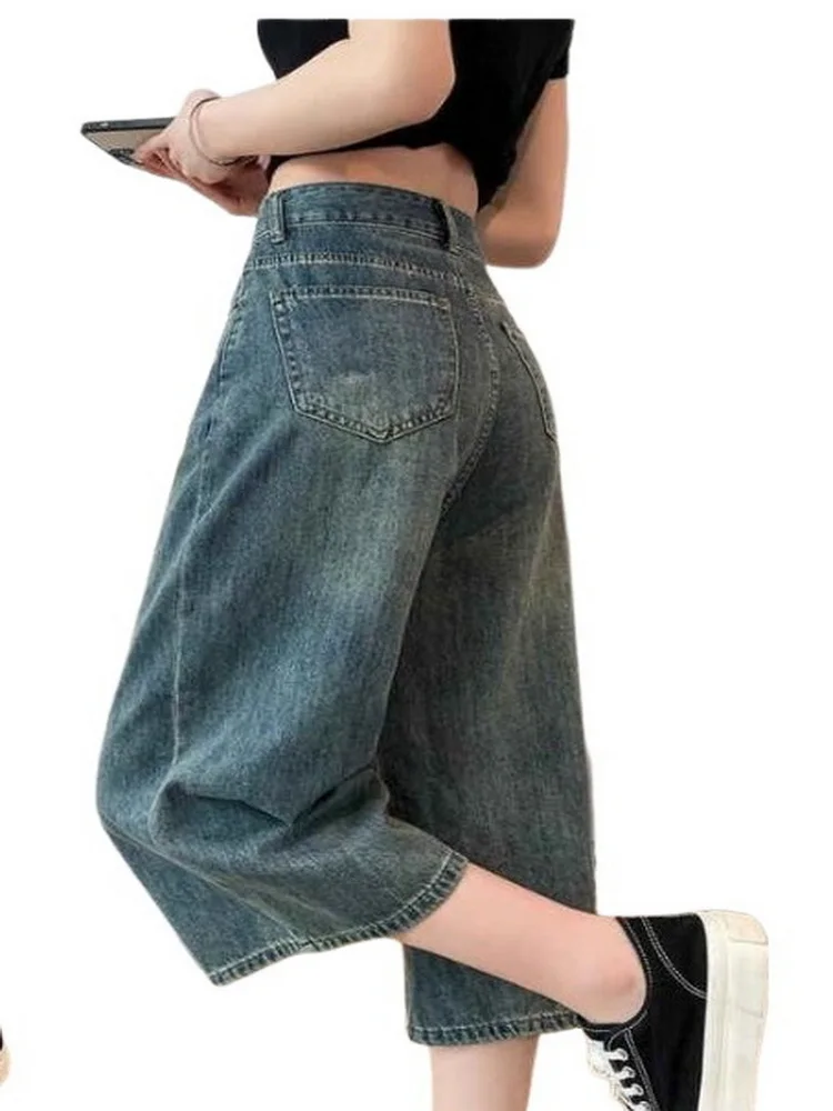 Summer Calf-Length Pants Denim High Waist Wide Leg Jeans