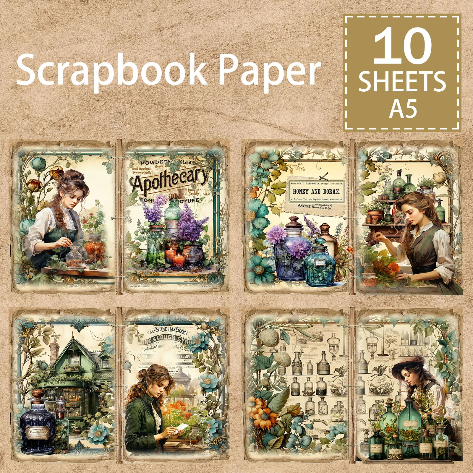 10 Sheets A5 Size Potion Girl Glass Jar Flowers Background Vintage Grunge Journal Planning Scrapbooking