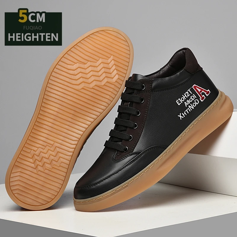 

Men's Winter Cowhide Leather Height Increasing Boots 5cm Elevator Shoes Warm Fur Lined High Top Ankle Boots Casual Lift Sneakers