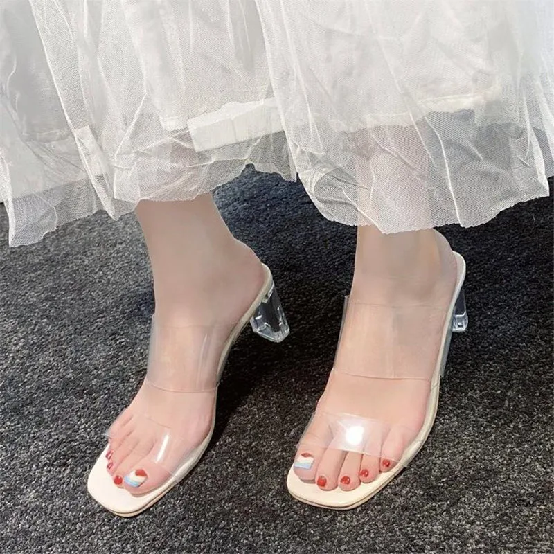 Transparent High Heels Women Square Toe Sandals Summer Shoes Woman Clear High Pumps Wedding Jelly Buty Damskie Heels Slippers