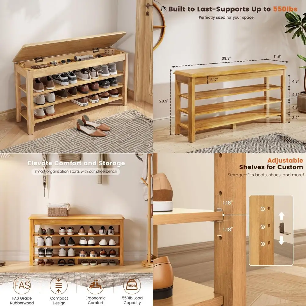 

Mid-Century Modern 3-Tier Rubberwood Storage Bench with Shoe Rack and Seat, Supporting Up to 550lbs, Ideal for Entryway and Hall