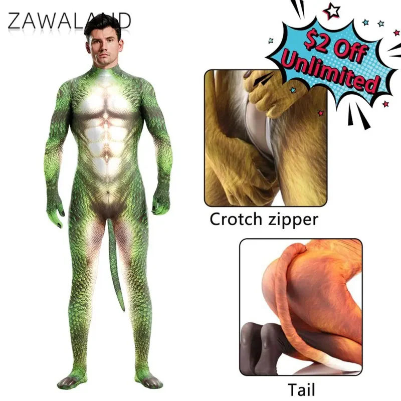 Zawaland Halloween Bodysuits Male Adult Costume With Tail Full Cover Elastic Zentai Suit Cosplay Animal Dragon Print Catsuit