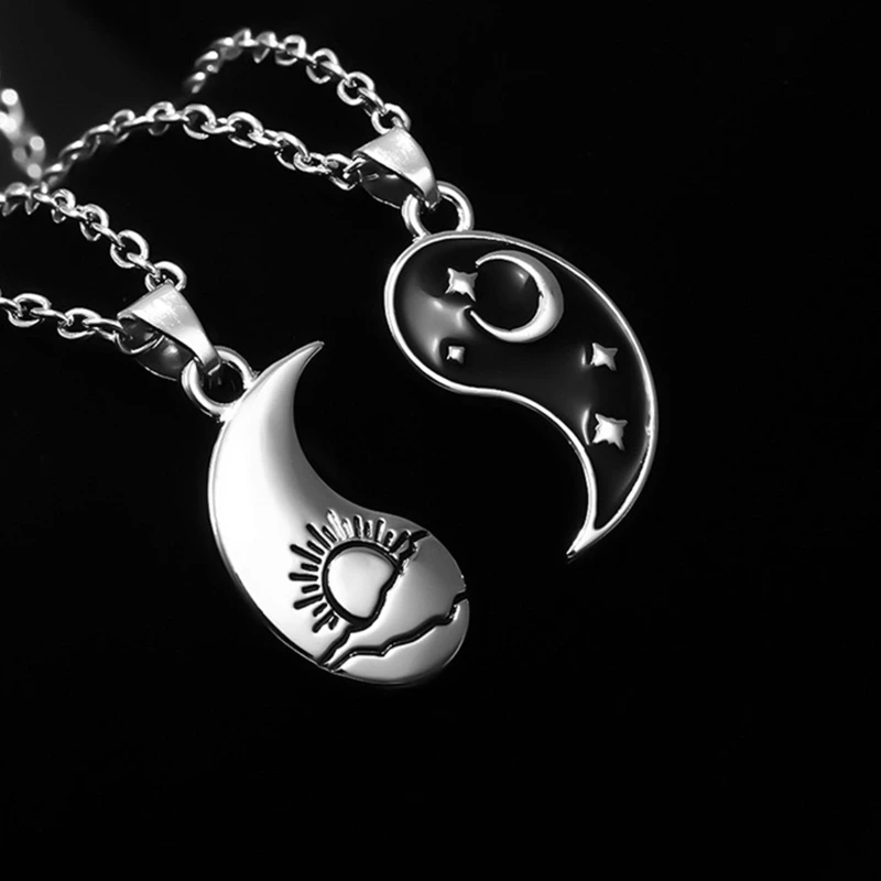 E0BF Yin Yang Couples Pendant Necklace Chain for Women Mens Matching for Sun Moon Stitching Friend Necklaces