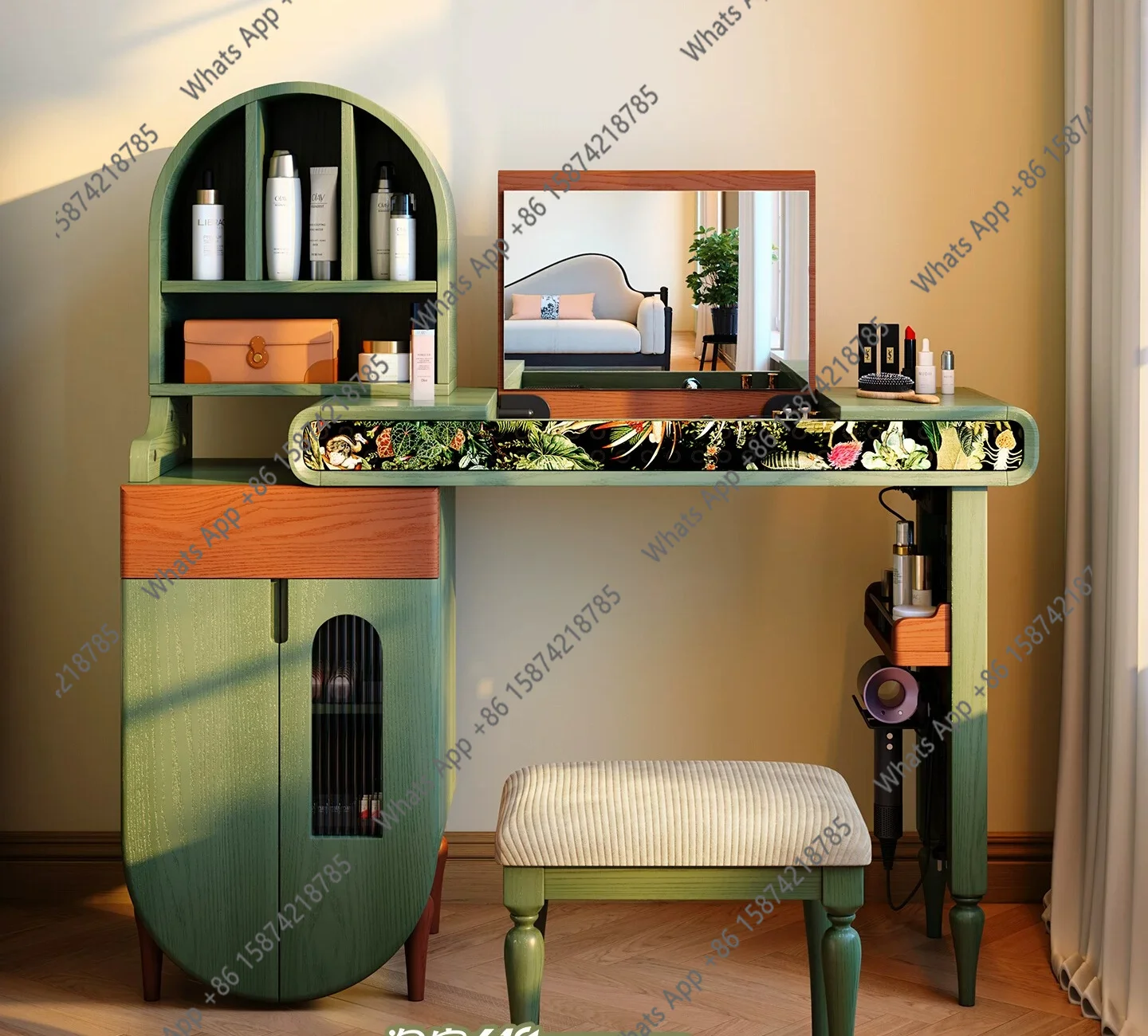 French retro solid wood dresser, flip mirror dresser, antique retractable master bedroom dresser in bucket