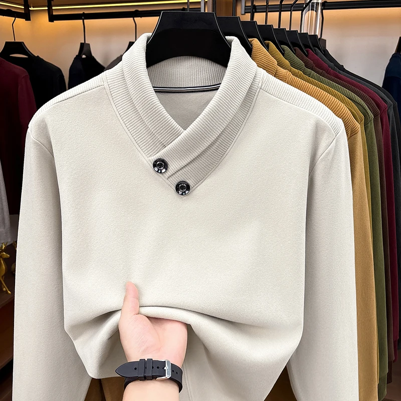 New Casual Fashion Autumn Winter Men's Knitted Sweatshirt Decorative Buttons Solid Color Pullover Tops Exquisite Soft Men's Wear
