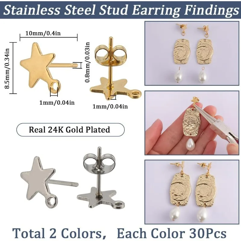 60Pcs Star Earrings Post Earring Posts with Loop & 80Pcs Stainless Steel Ear Backs Real 18k Gold Plated Five Pointed Stars