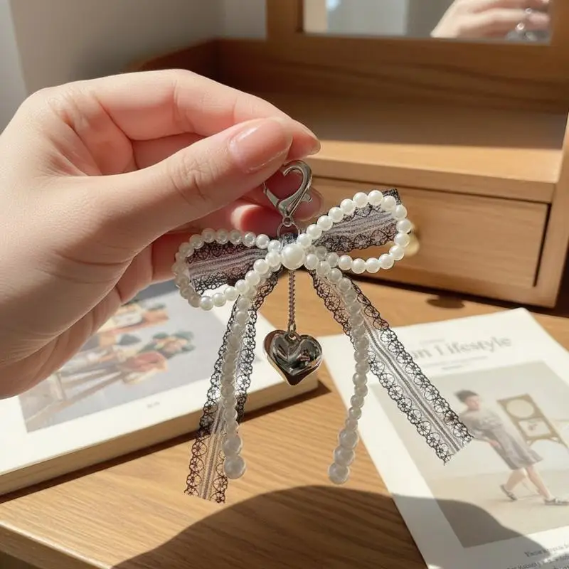 1Pcs Sweet Lace Bow Beaded Bow Keychain Phone Charm Strap Pendant For Phone