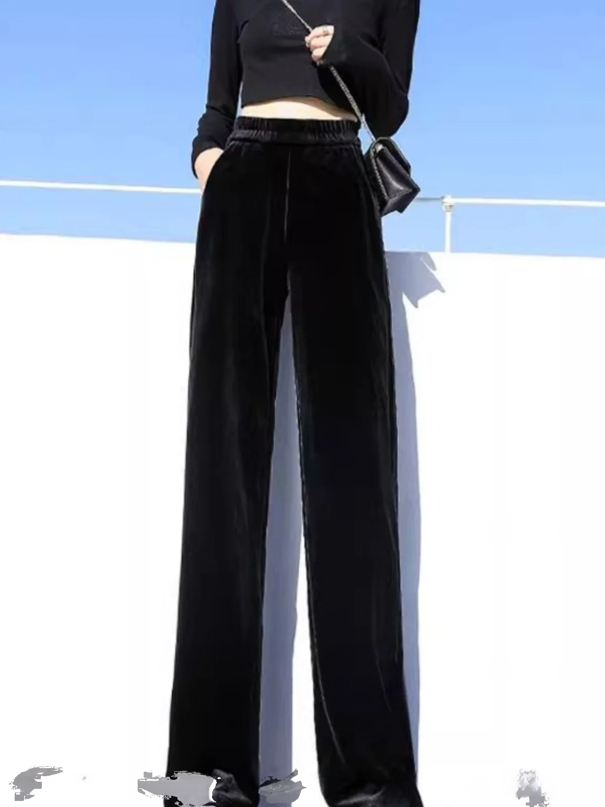 Gold Velvet Wide Leg Pants Women's 2026 New Autumn Winter Black Small Size Slim Version Women's Straight Tube Velvet Pants