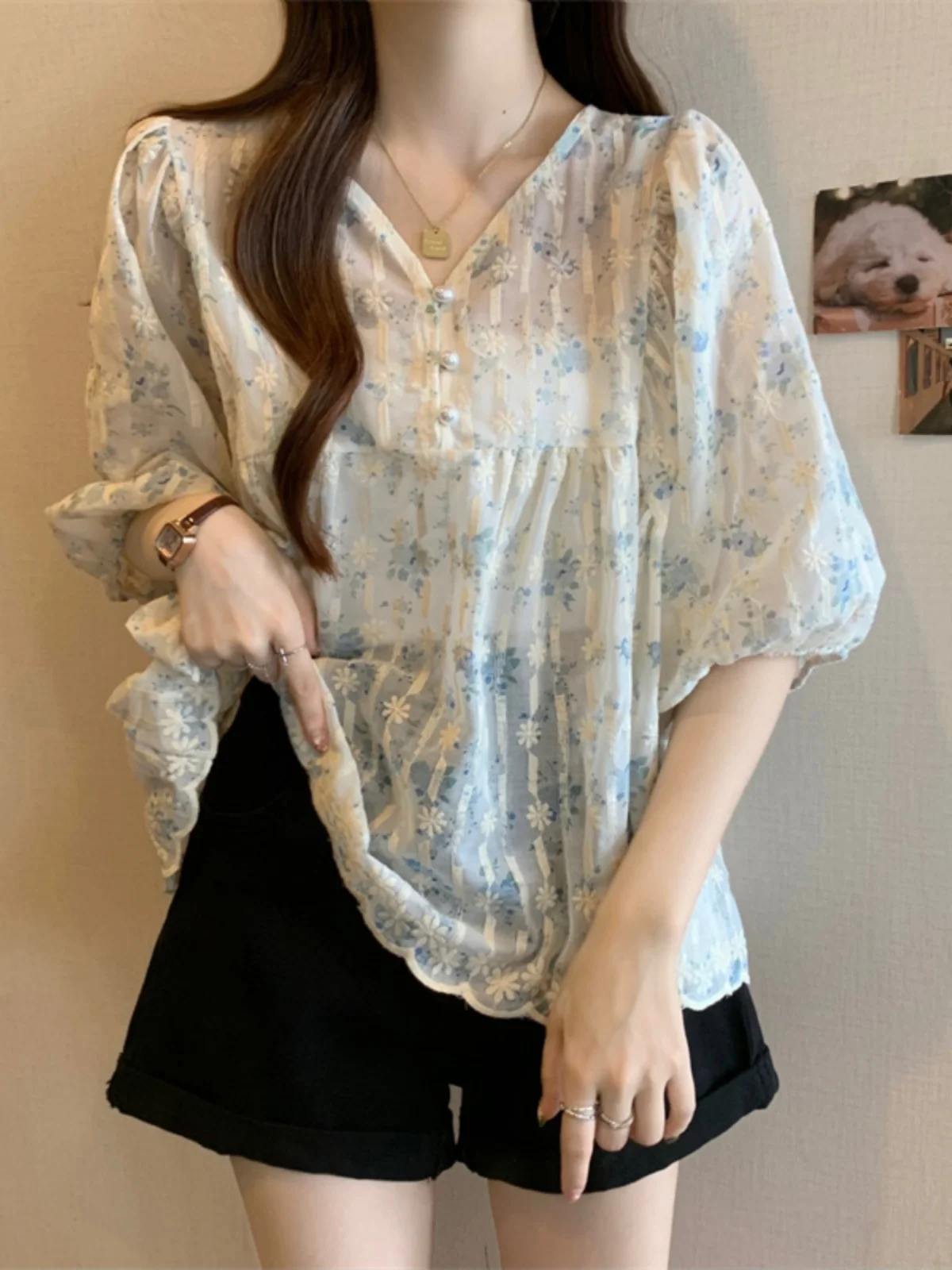 Elegant V-neck Chiffon Shirt Women's Summer plus Size Flattering Slimming Belly Covering Age-defying Retro Floral Top