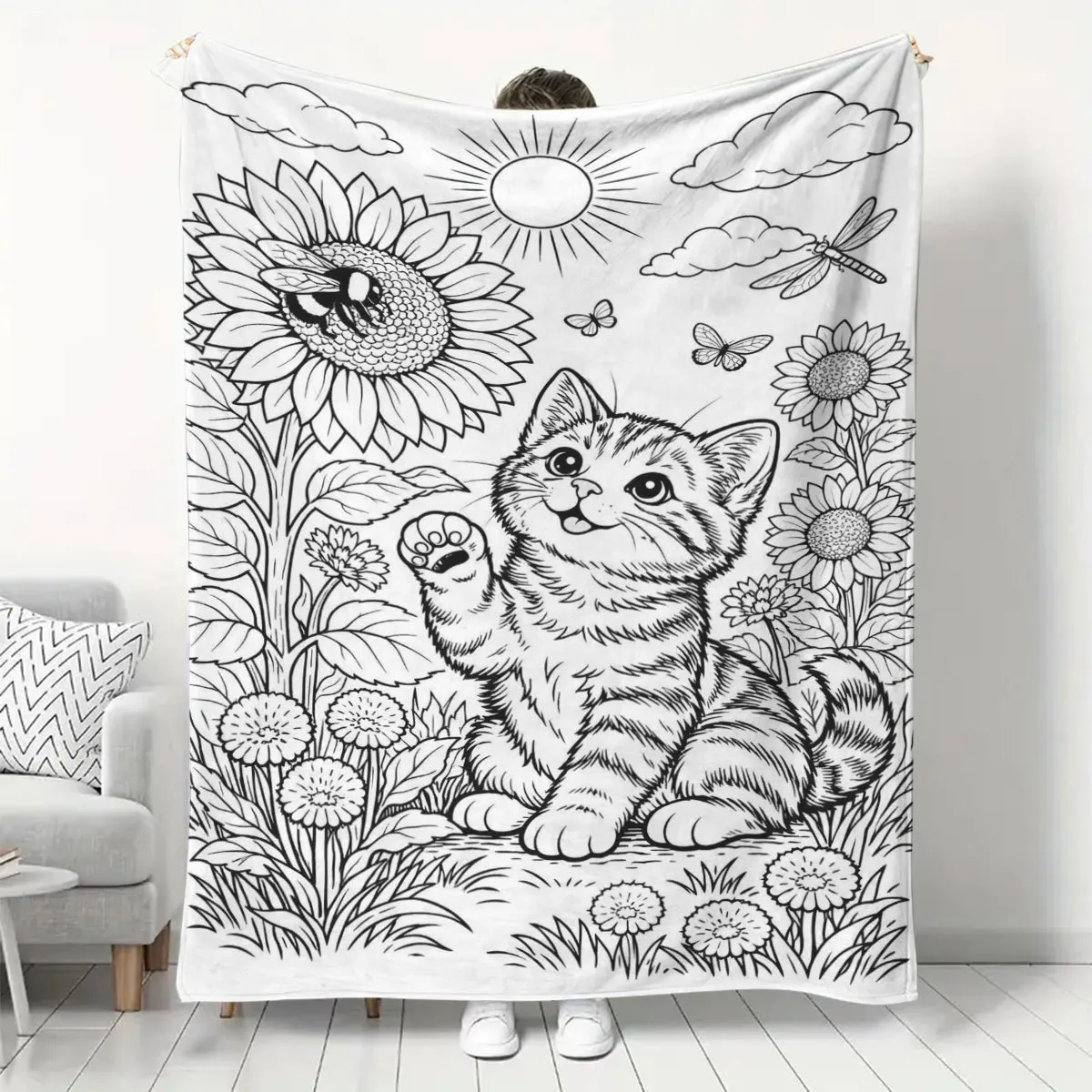 Sunflower & Cat DIY Coloring Throw Blanket, Healing Design for Adults, Nap Blanket for Home