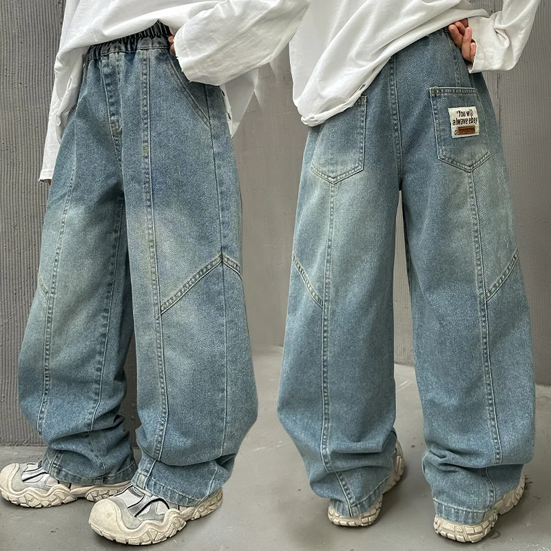 New Fashion Teenager Boys Denim Wide Leg Pants Child Trousers Spring Autumn Patchwork Jeans For Kids Age 5 7 9 11 13 14 Year Old