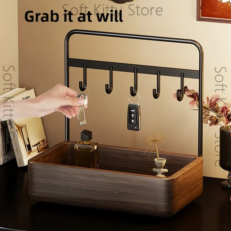 Solid wood entrance hanging key storage rack into the door walnut wood tray desktop rack