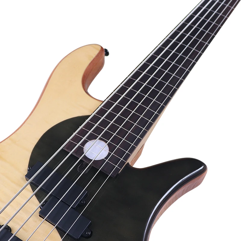 Fretless Ying Yang Bass Active 6 String Electric Bass Guitar White Maple with Black Flame Maple High Glossy