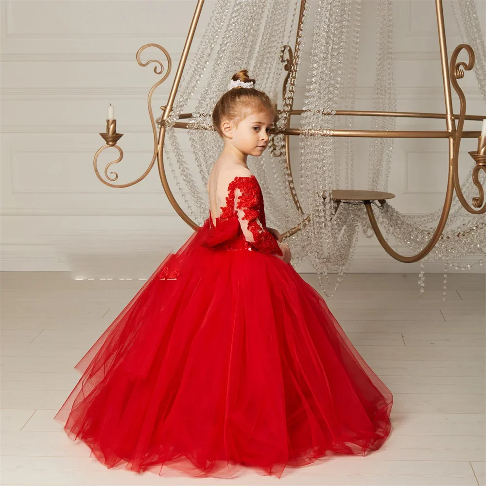 New Red Fluffy round neck with Long Sleeves Flower Girls Dresses Beautiful Bridesmaid Birthday Backless Lace Bow Appliques