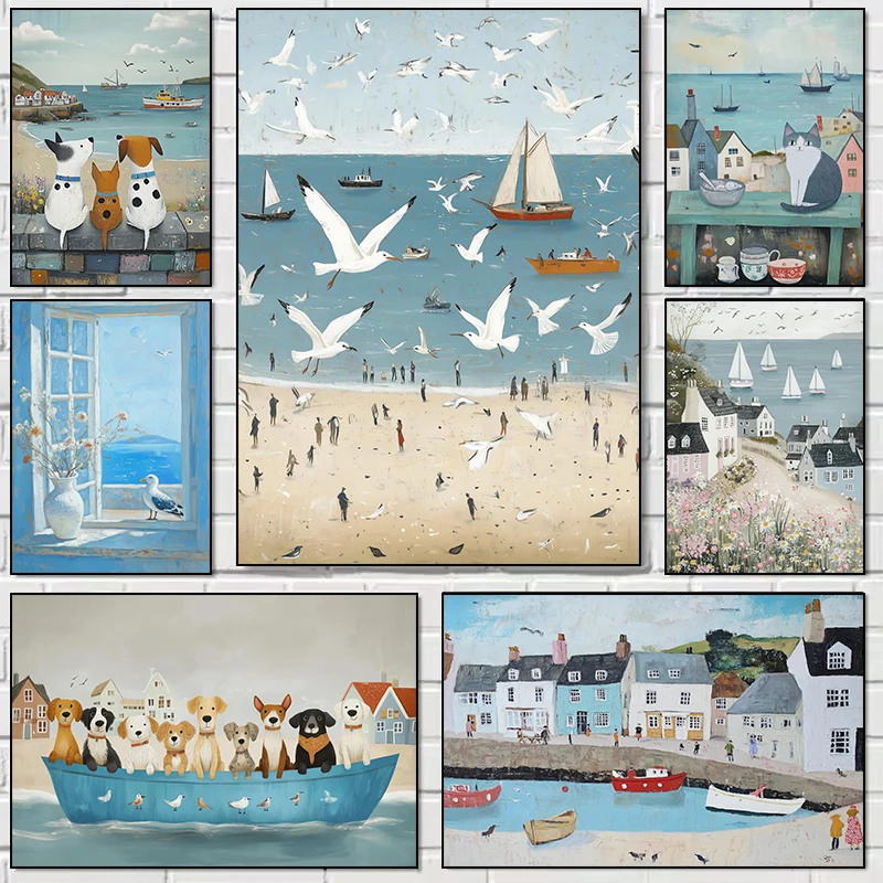 Summer Ocean Seagulls Cats and Dogs Poster Print Canvas Art Pictures Home for Living Room Bedroom Wall Decor Frameless Painting