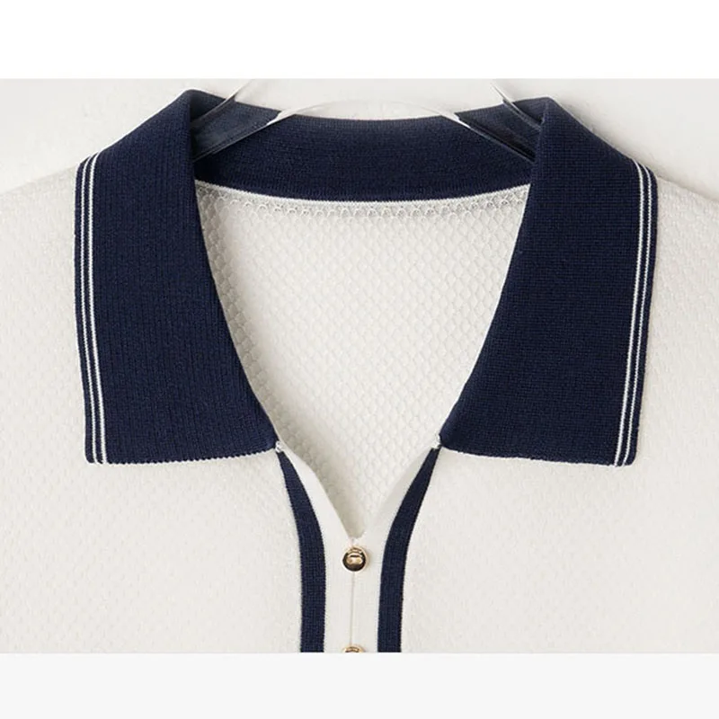 Feminino elegante contraste cor de malha pulôver turn down collar branco t camisas manga curta camisola topos feminino 2025 verão
