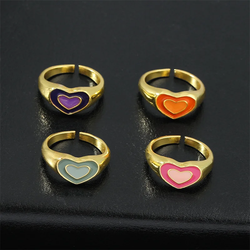 Colorful Adjustable Ring for Women, Korean Cute Double Enamel Heart Ring for Teen Girls, Metal Rings, Trendy Jewelry, New