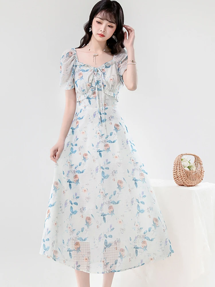 Women Floral Chiffon Chic Ruffled Bow Square Collar Long Dress 2025 Boho Elegant Bodycon Holiday Dress Summer Casual Party Dress