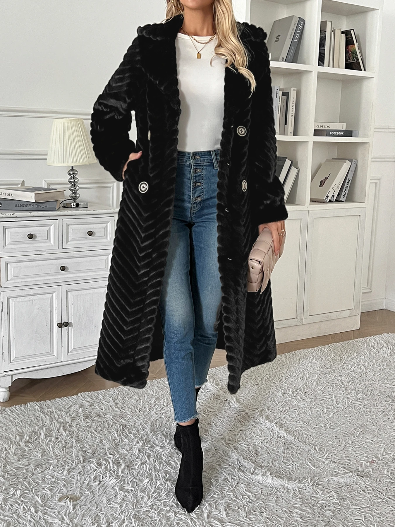 Faux fur long coat jacket lapel coat loose warm high-end ladies coat coat 2024 autumn winter new V-print